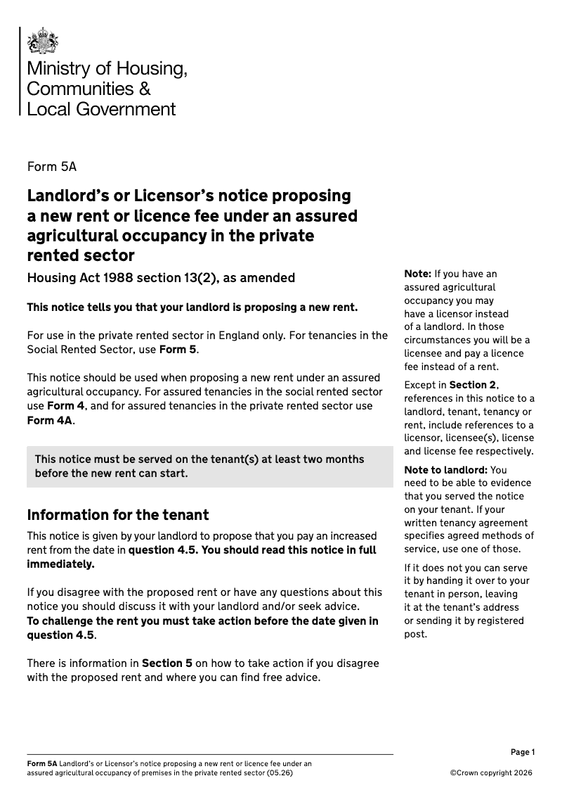 LT48 Landlord s or Licensor s notice proposing a new rent or licence fee under an assured agricultural occupancy in the private rented sector Housing Act 1988 section 13 2 as amended [Form 5A] electronic signature available preview